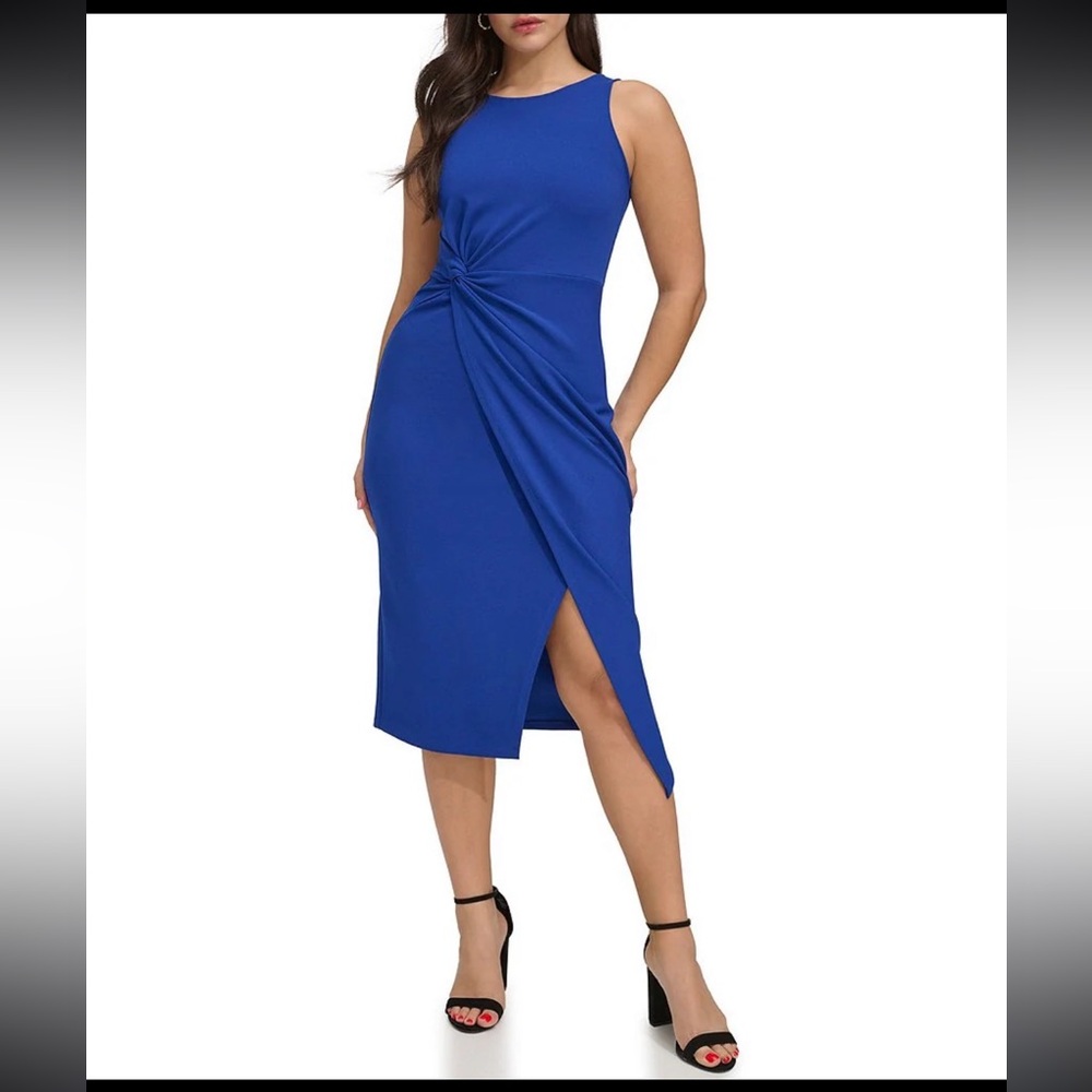 Siena Studio Blue Sleeveless Twist Front Crepe Faux MIDI Dress